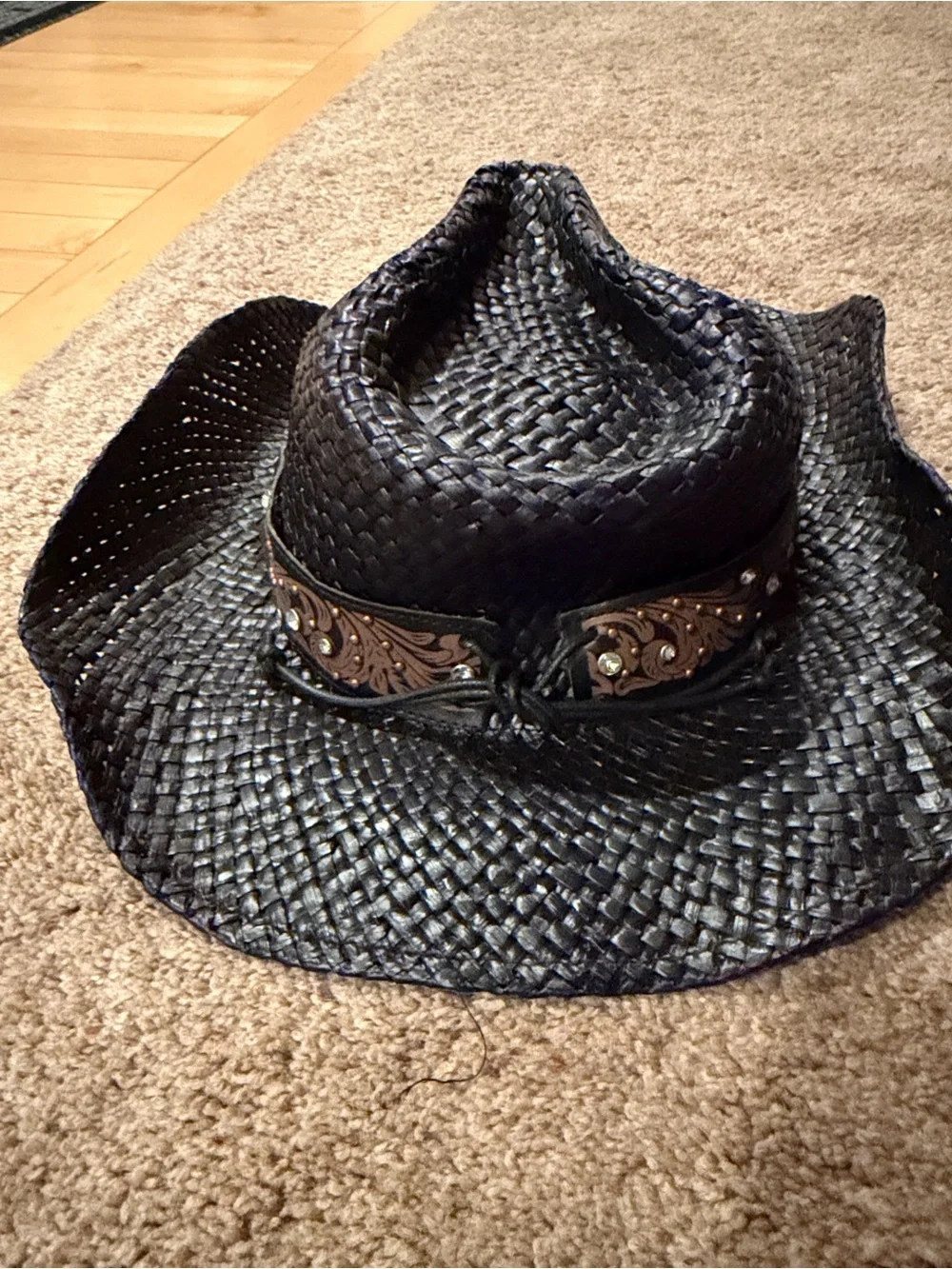 Peter Grimm Black Woven Straw Western Hat with Decorative Brown Band